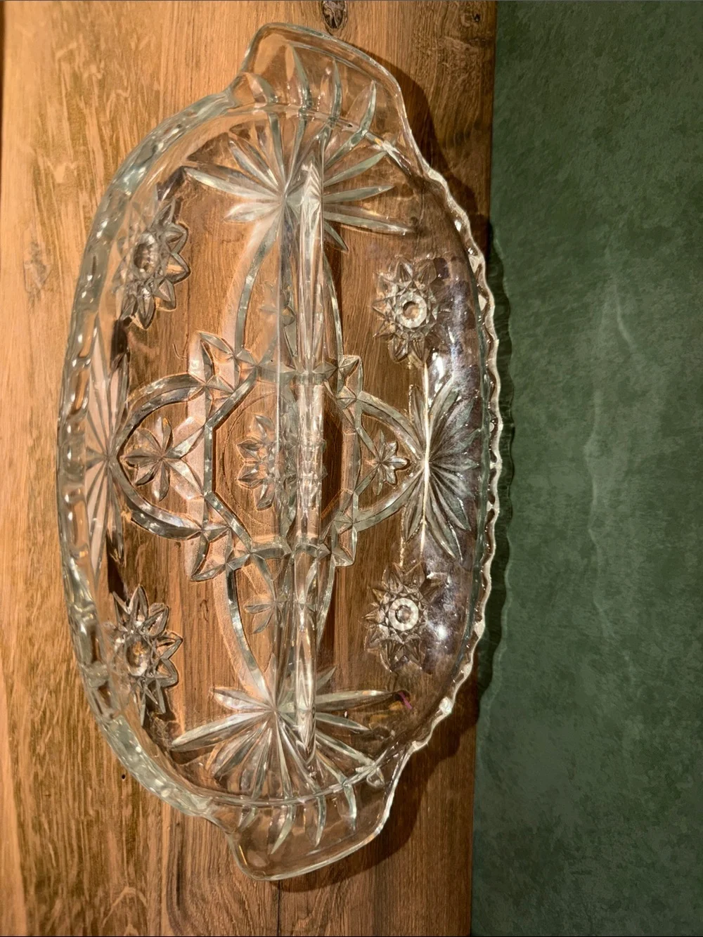Anchor Hocking Clear Cut Glass Handled Platter